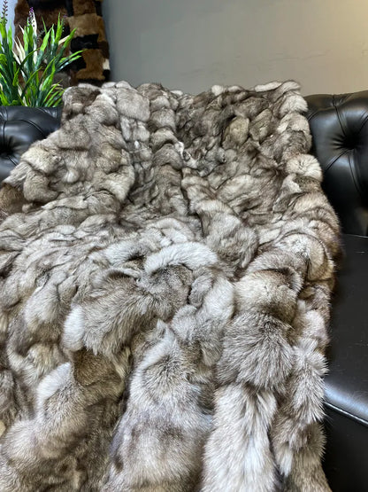 Luxury Ultra Soft Gray Natural Fox Fur Throw Blanket, Real Fur Handmade Blanket