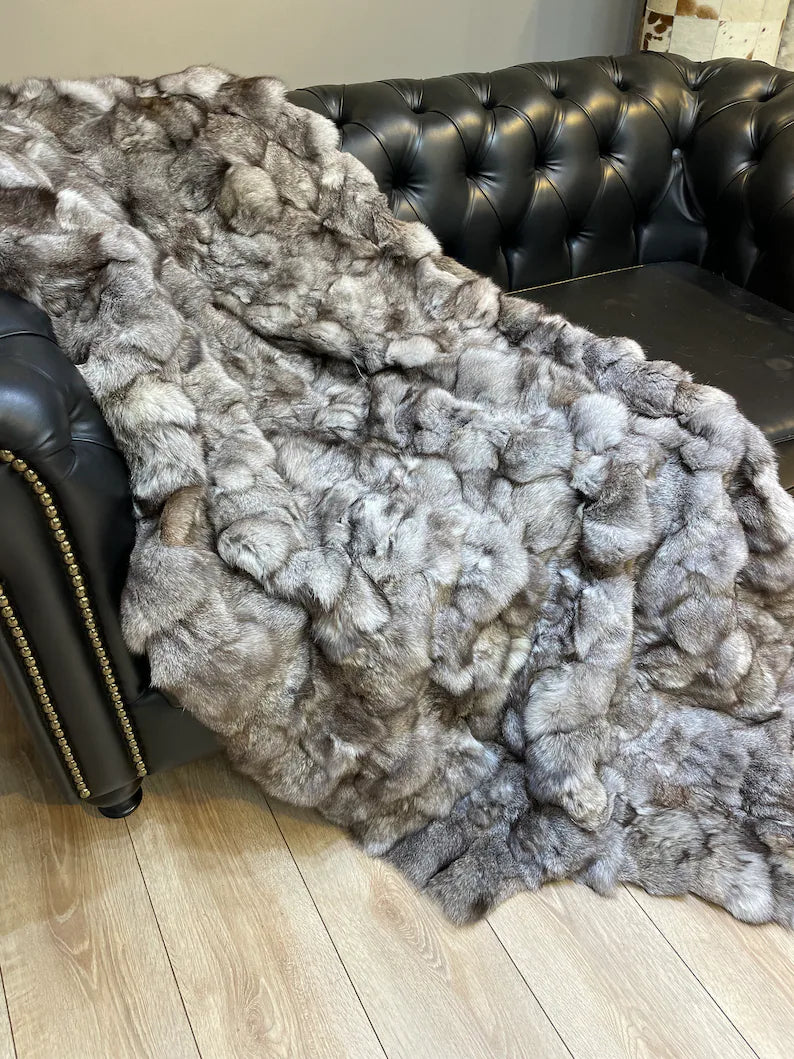 Luxury Ultra Soft Gray Natural Fox Fur Throw Blanket, Real Fur Handmade Blanket