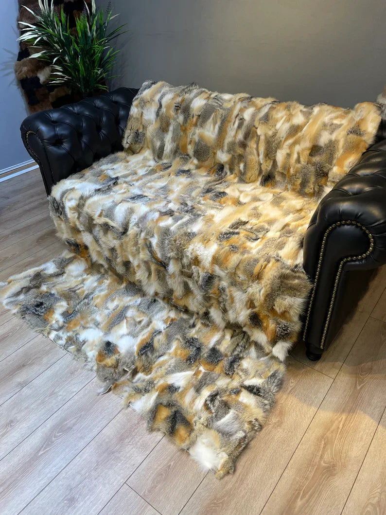 Unique Elegant Real Fox Fur Blanket, Handmade Ultra Soft Cozy Throw