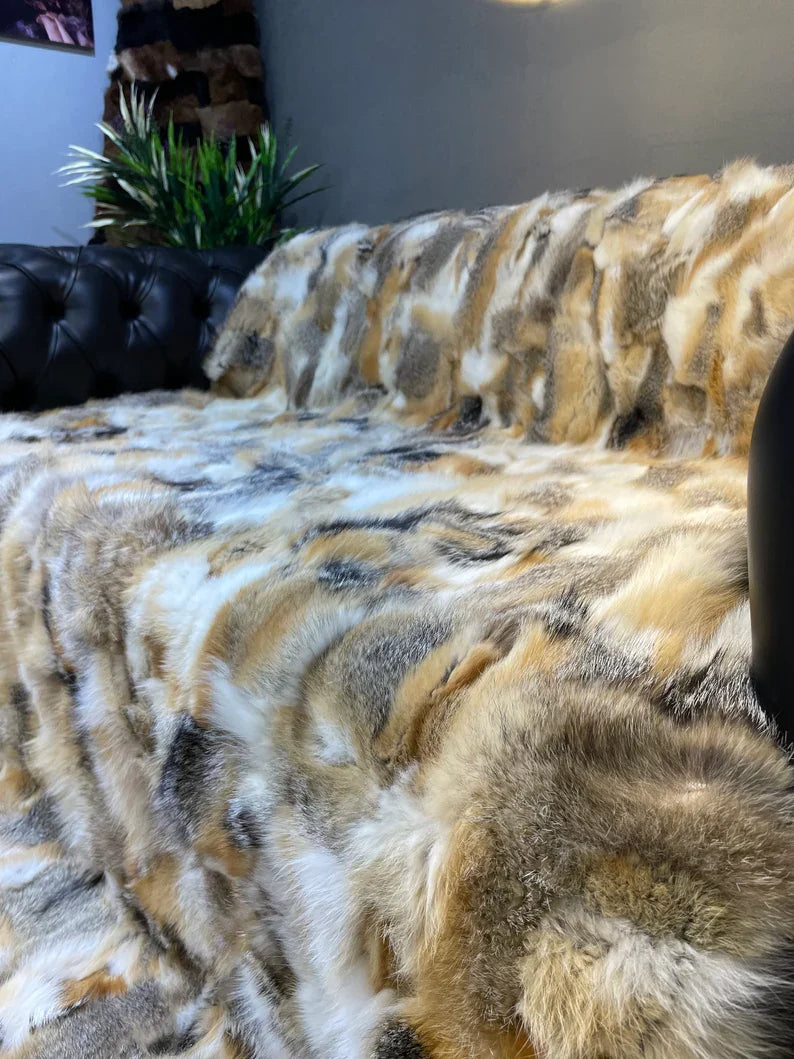 Unique Elegant Real Fox Fur Blanket, Handmade Ultra Soft Cozy Throw