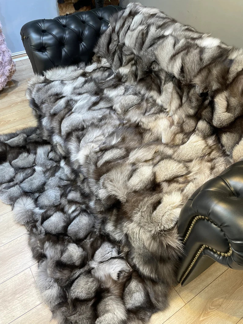 Luxury Gray Real Fox Fur Blanket, Handmade Cozy King Size Throw Blanket