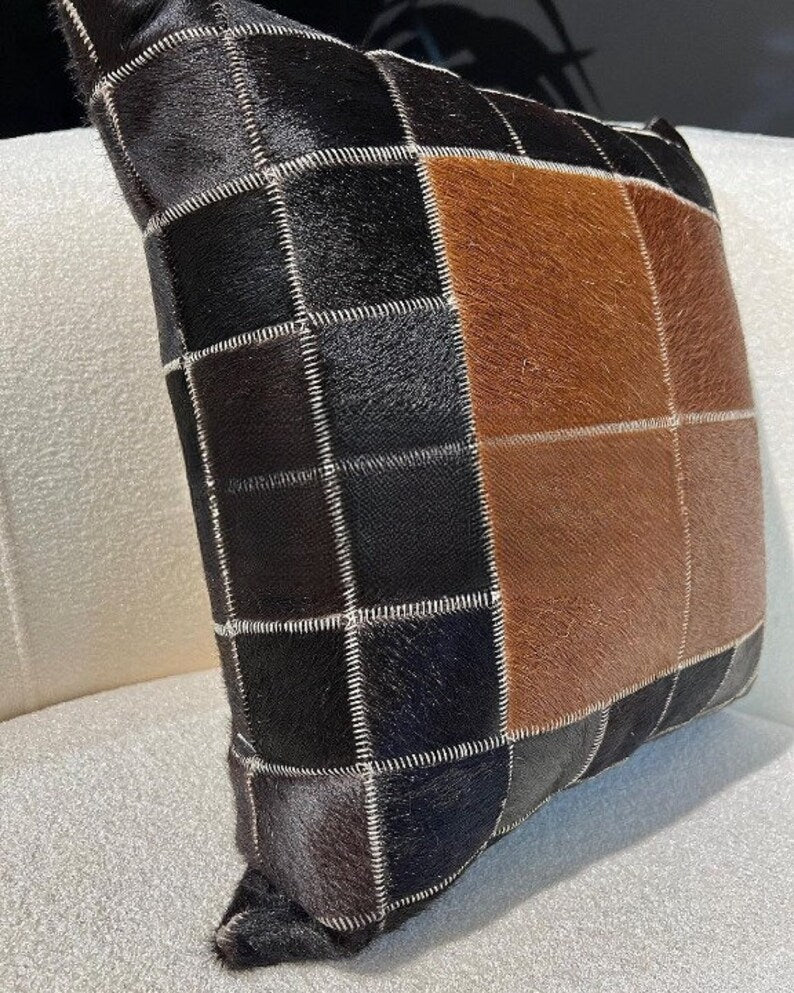 Black and Brown Natural Cowhide Patchwork Pillow Cover, Fur Sofa Pillow