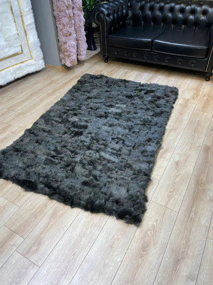 Ultra soft Black Sheepskin Area Rug, Handmade Shaggy Non Slip Rug