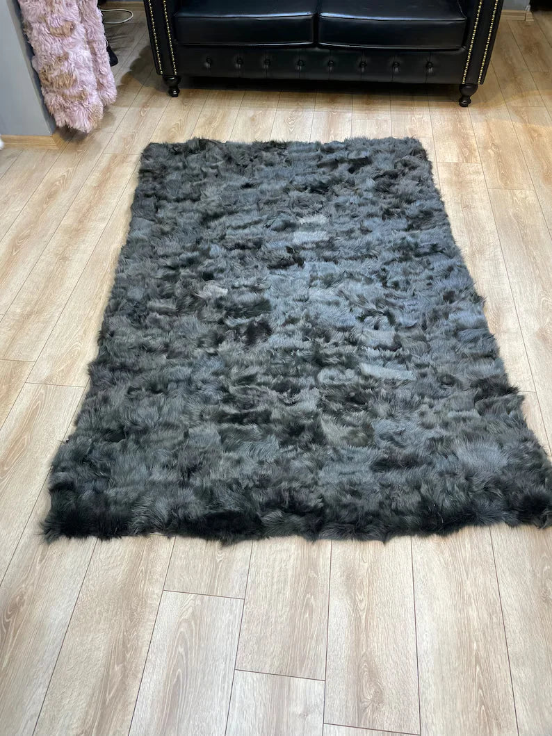 Ultra soft Black Sheepskin Area Rug, Handmade Shaggy Non Slip Rug