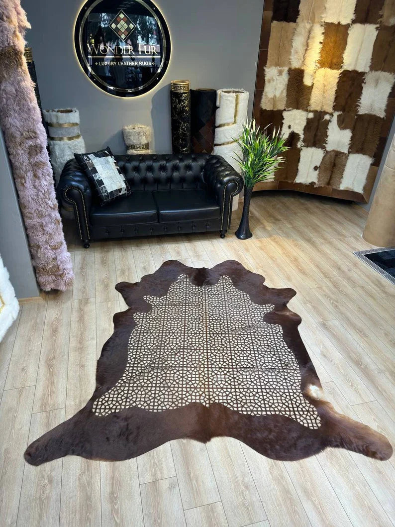 Special Laser Embroidered Calfskin Rug, Brown Natural Cow Hide Decor Rug