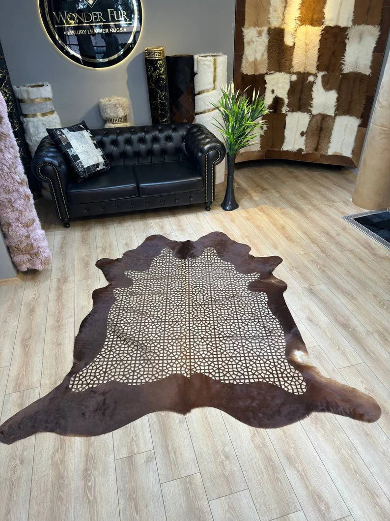 Special Laser Embroidered Calfskin Rug, Brown Natural Cow Hide Decor Rug