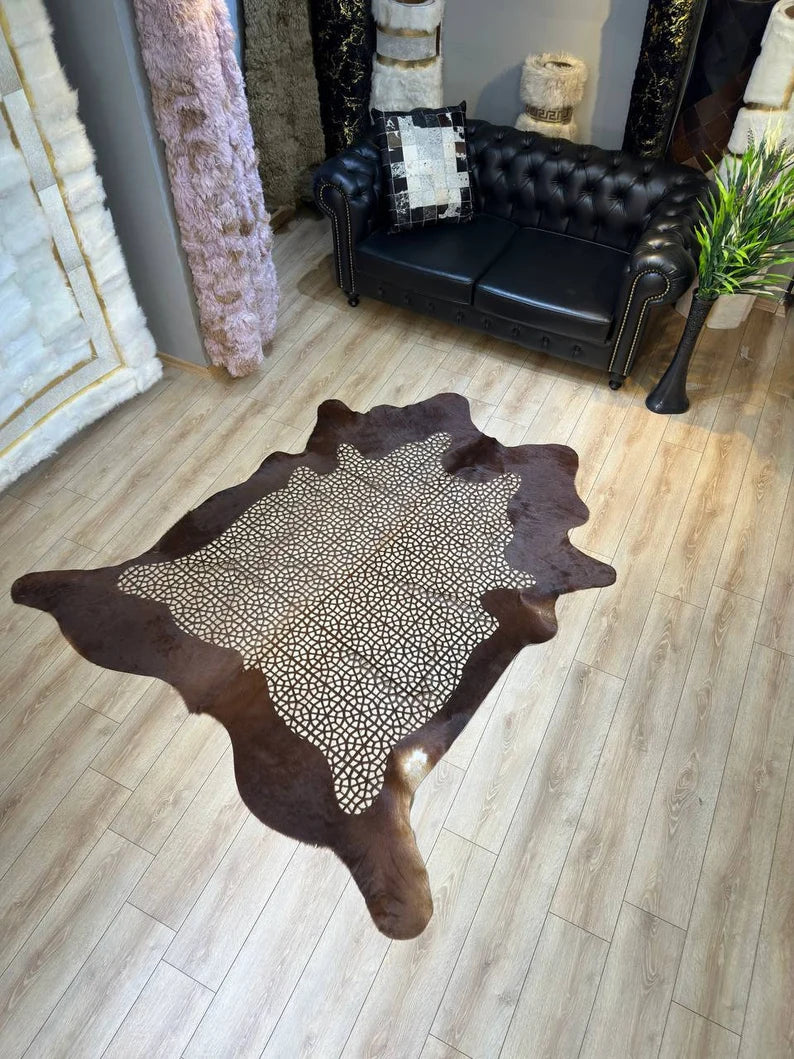 Special Laser Embroidered Calfskin Rug, Brown Natural Cow Hide Decor Rug