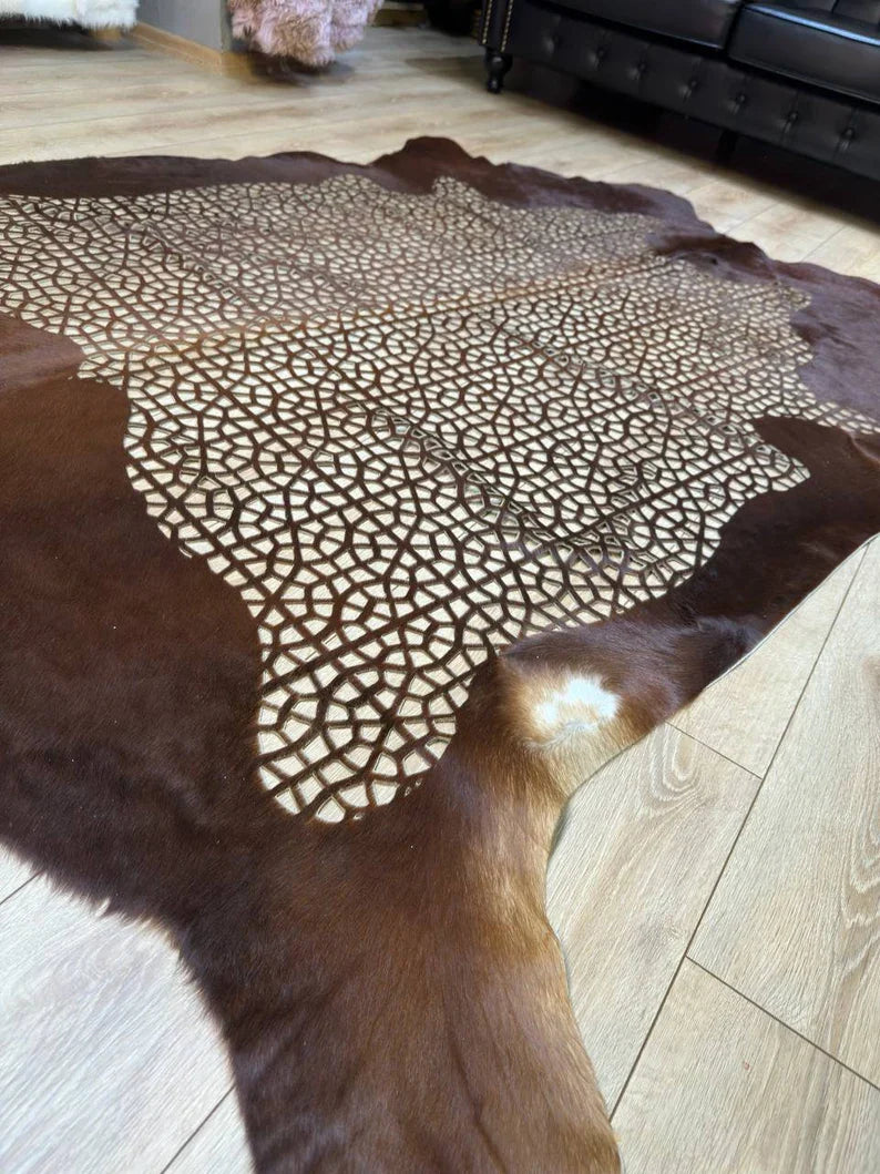 Special Laser Embroidered Calfskin Rug, Brown Natural Cow Hide Decor Rug