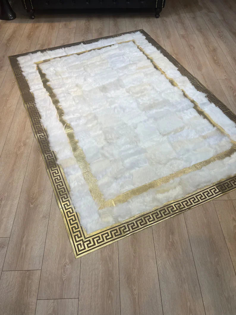 Elegant White Gold Natural Sheepskin Area Rug, Handmade 6x8 Rug