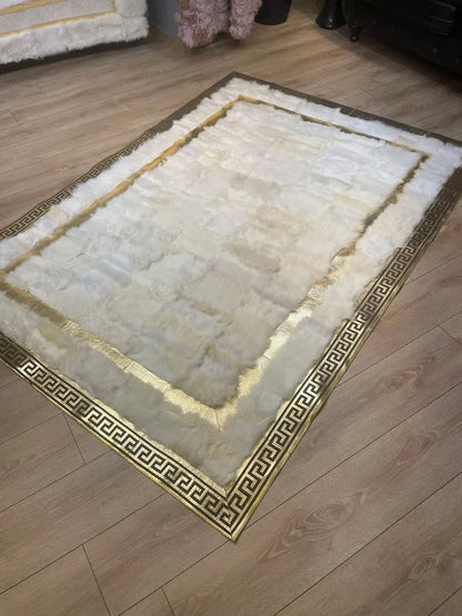 Elegant White Gold Natural Sheepskin Area Rug, Handmade 6x8 Rug