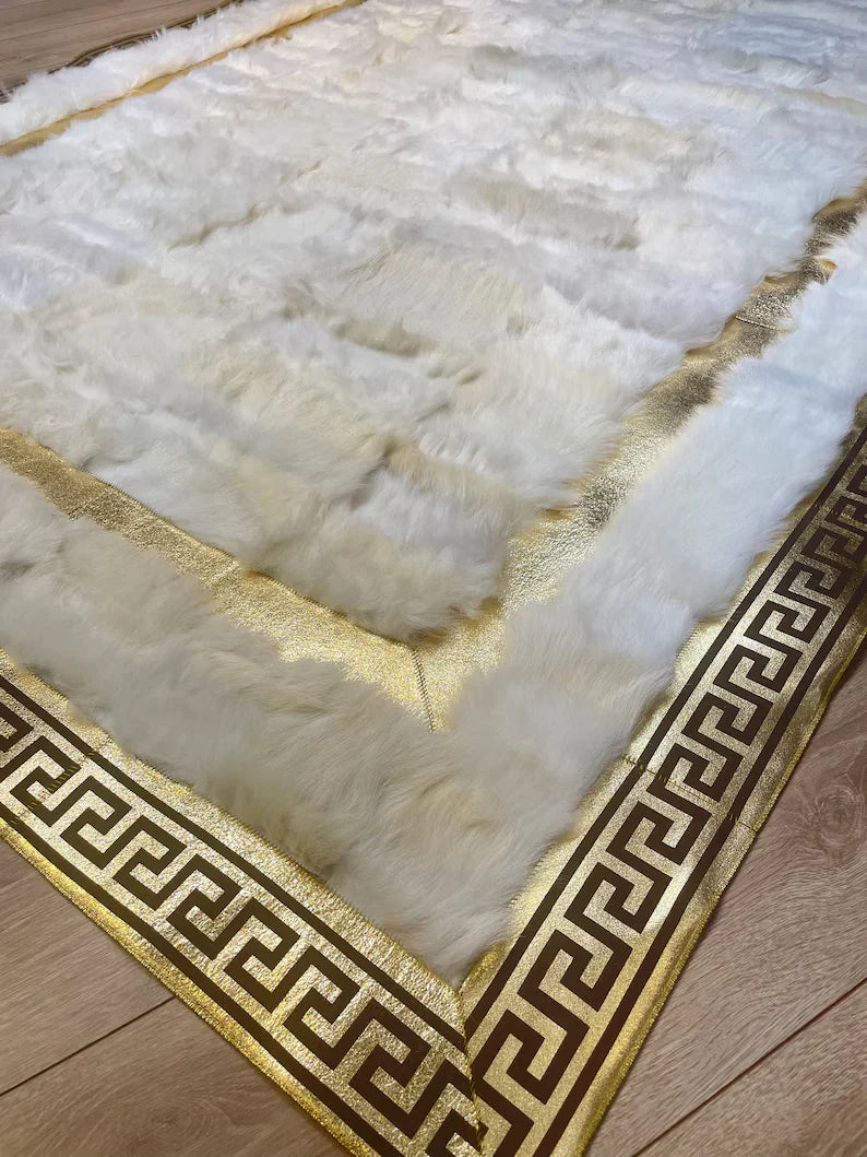 Elegant White Gold Natural Sheepskin Area Rug, Handmade 6x8 Rug