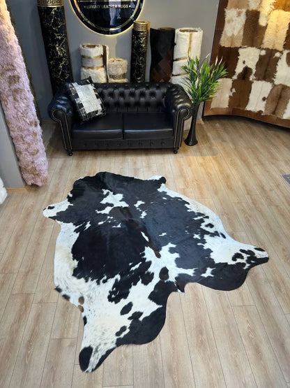 Black White Natural Cow Skin Decor Rug, Cow Hide Genuine Leather Rug