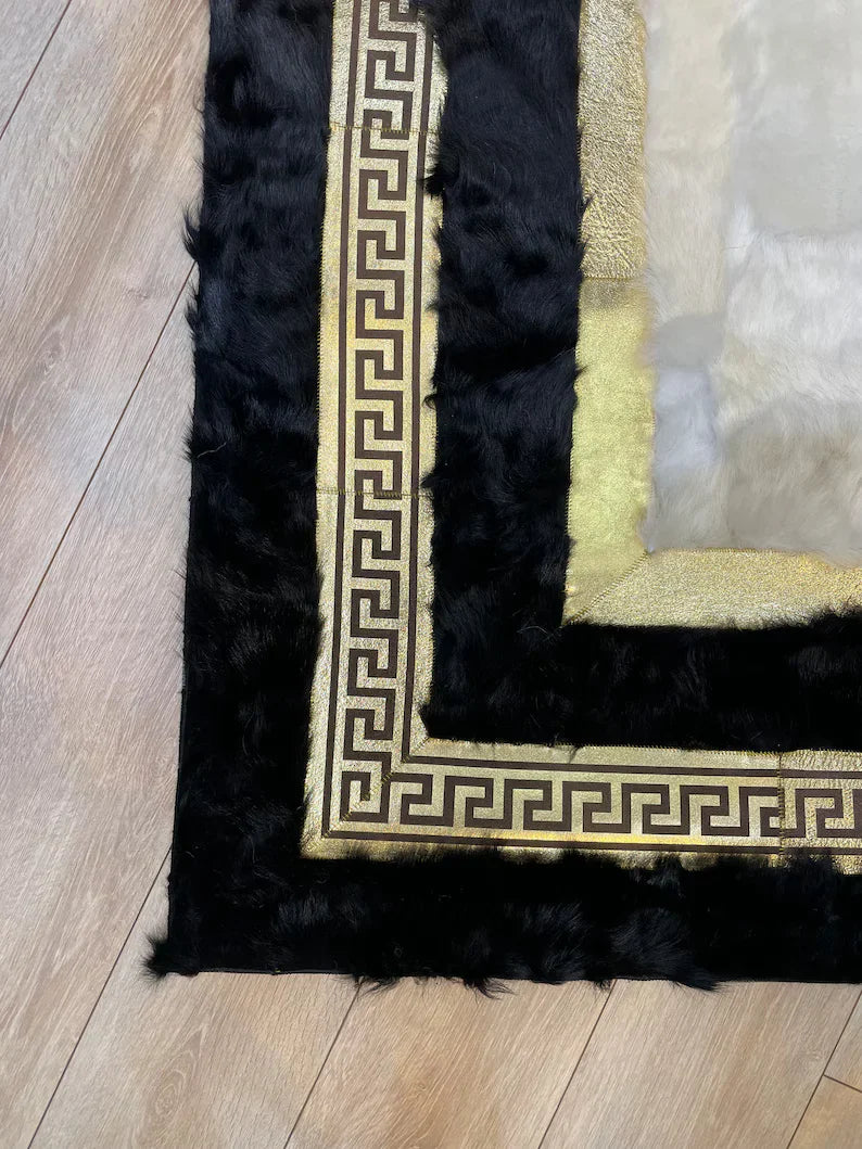 Black White Natural Sheepskin Area Rug, Gold Pattern Living Room Rug