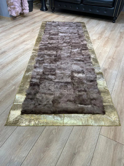 Brown Sheepskin Runner Rug With Gold Borders, Natural Handamde Elegance