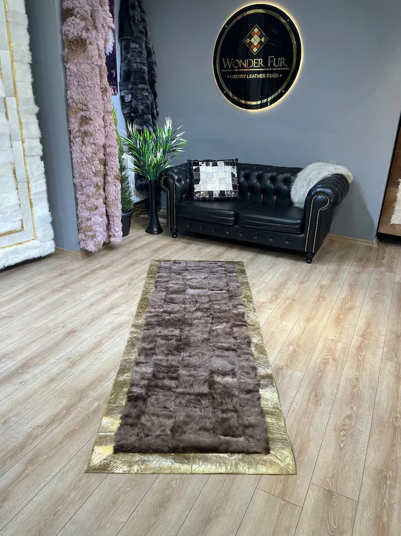 Natural Handmade Brown Sheepskin Runner Rug with Gold Borders