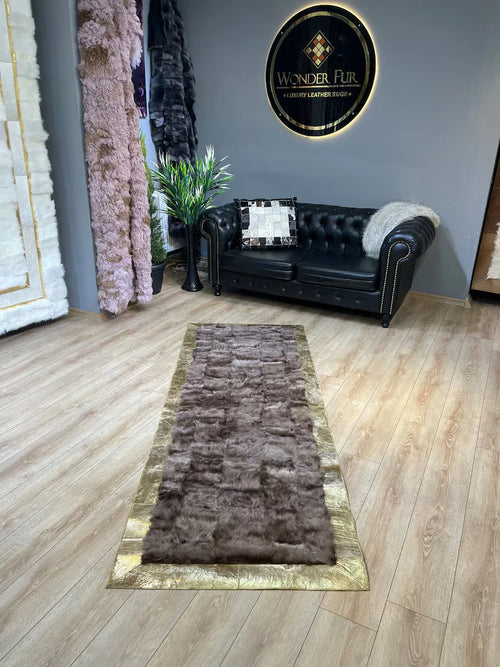 Natural Handmade Brown Sheepskin Runner Rug with Gold Borders