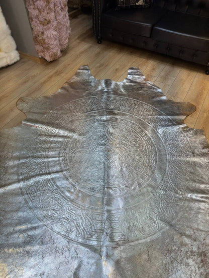 Silver Cowskin Decor Rug with Laser Pattern, Modern Design Natural Rug