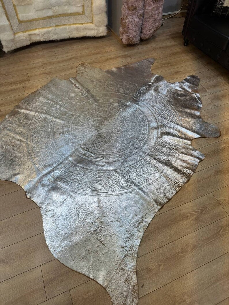 Silver Cowskin Decor Rug with Laser Pattern, Modern Design Natural Rug