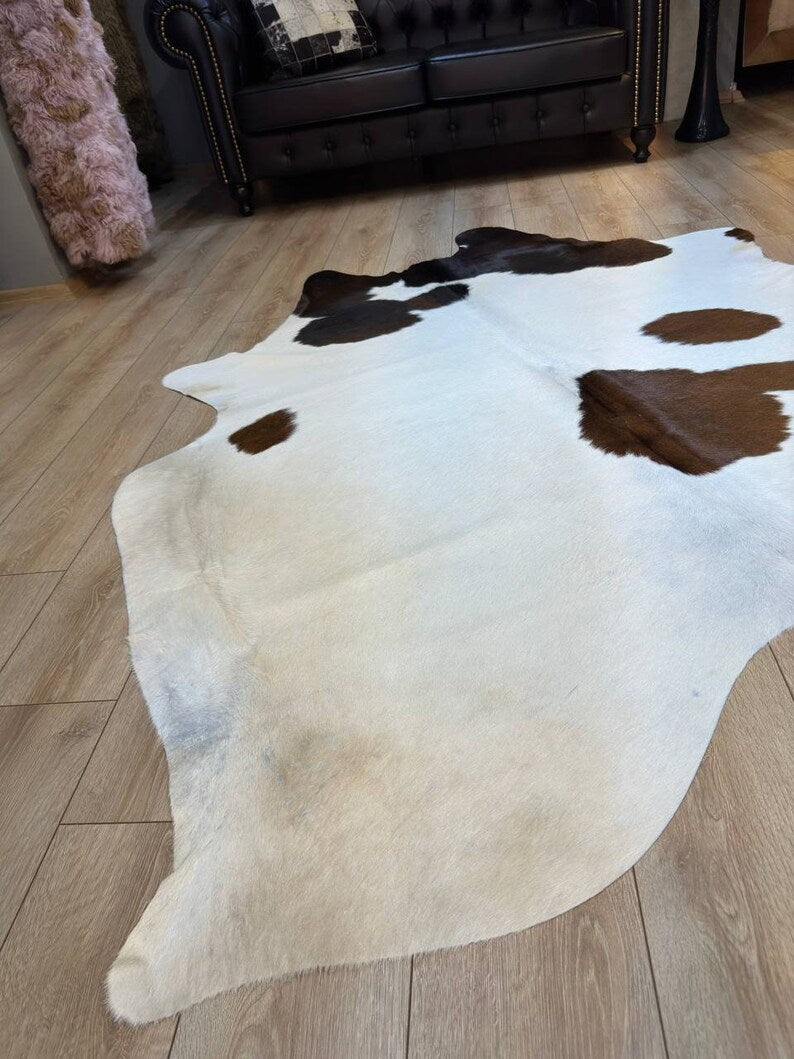 Speckled White Brown Calfskin Rug, Genuine Leather Cowskin Decor Rug