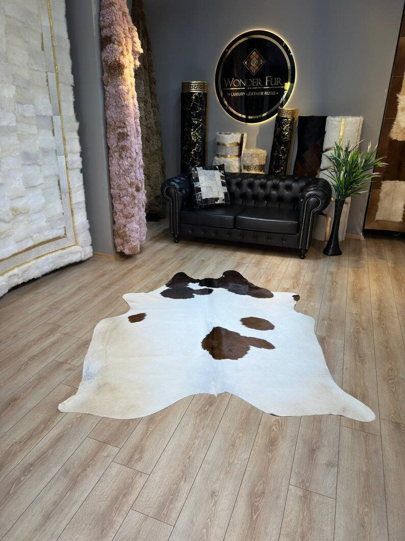 Speckled White Brown Calfskin Rug, Genuine Leather Cowskin Decor Rug