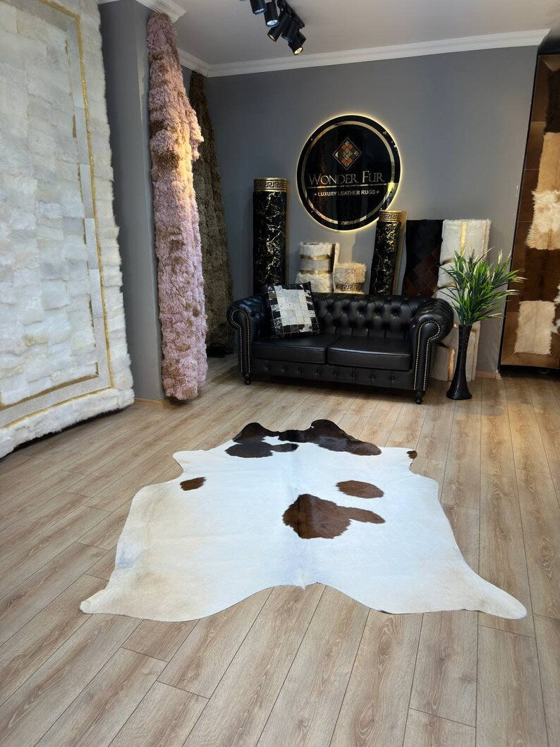 Speckled White Brown Calfskin Rug, Genuine Leather Cowskin Decor Rug