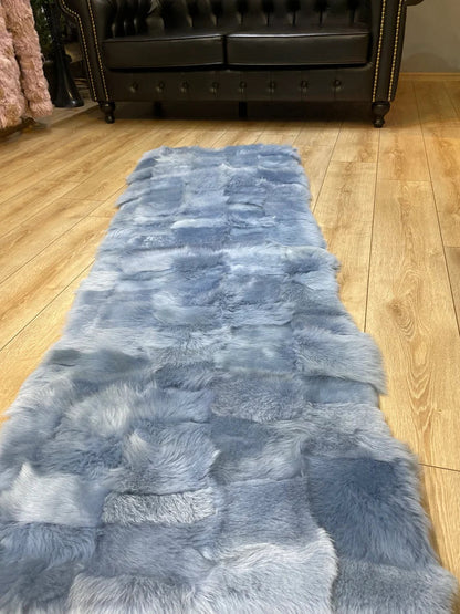 Unique Blue Ultra Soft Natural Sheepskin Runner Rug, Handmade Shaggy Rug