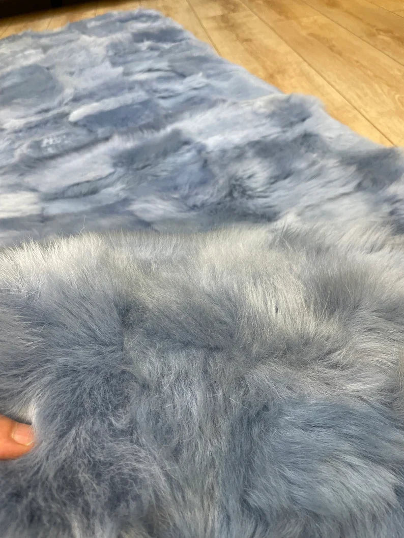 Unique Blue Ultra Soft Natural Sheepskin Runner Rug, Handmade Shaggy Rug