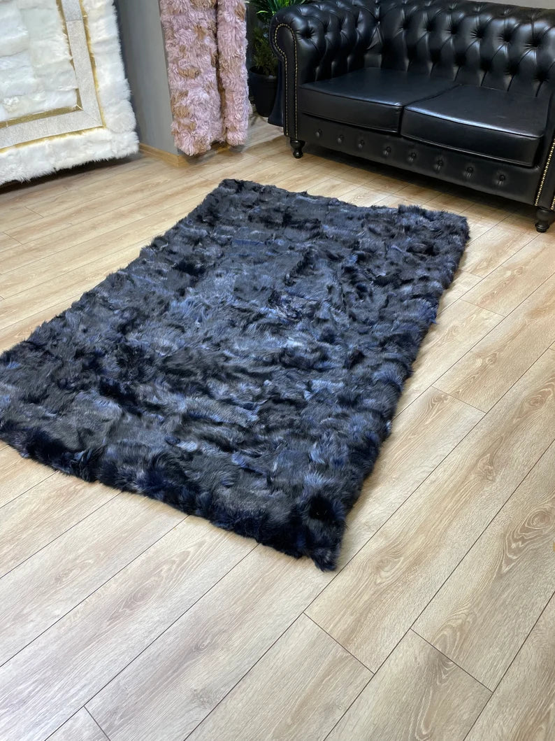 Black Sheepskin Area Rug, Shaggy Fluffy Extra Soft Modern Carpet