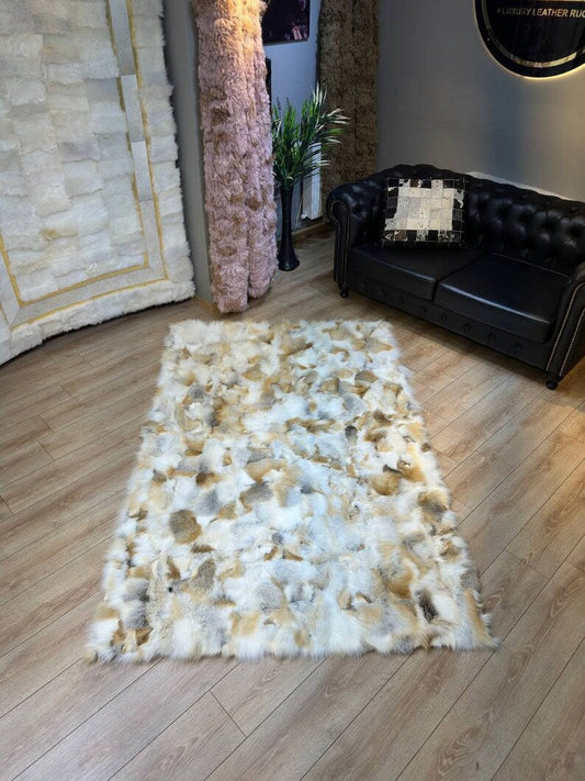 Luxury Golden Brown 100% Genuine Fox Fur Area Rug for Living Room