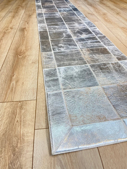 High Quality Silver Cowhide Runner Rug for Hallway, Handamde Patchwork Rug