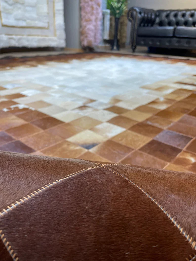 Tricolor Large 100% Real Cowhide Area Rug, All Handmade Hair on Cowhide Rug