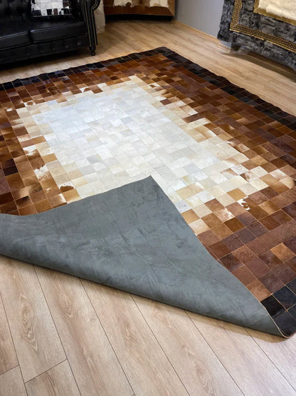 Tricolor Large 100% Real Cowhide Area Rug, All Handmade Hair on Cowhide Rug