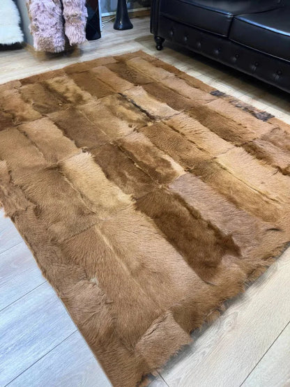 Brown Natural Goatskin Patchwork 8x11 Rug, Handamde Hair on Leather Area Rug