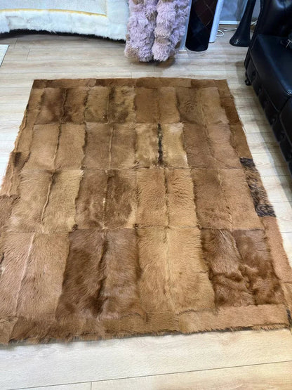 Brown Natural Goatskin Patchwork 8x11 Rug, Handamde Hair on Leather Area Rug