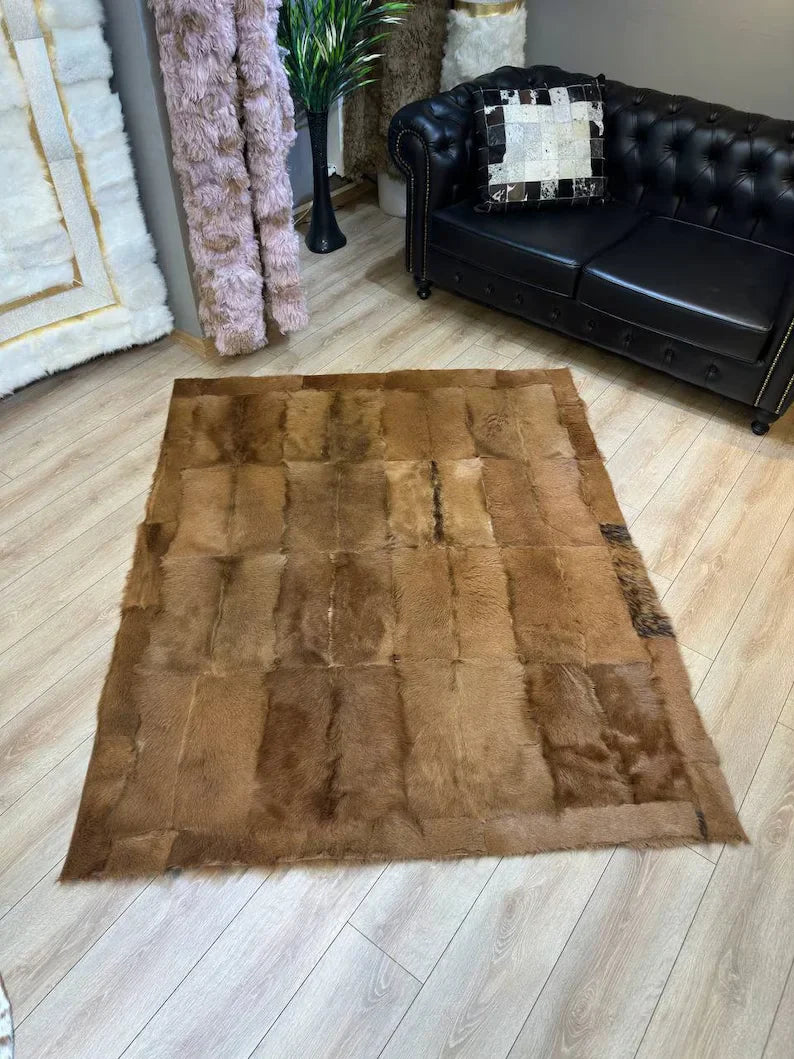 Brown Natural Goatskin Patchwork 8x11 Rug, Handamde Hair on Leather Area Rug