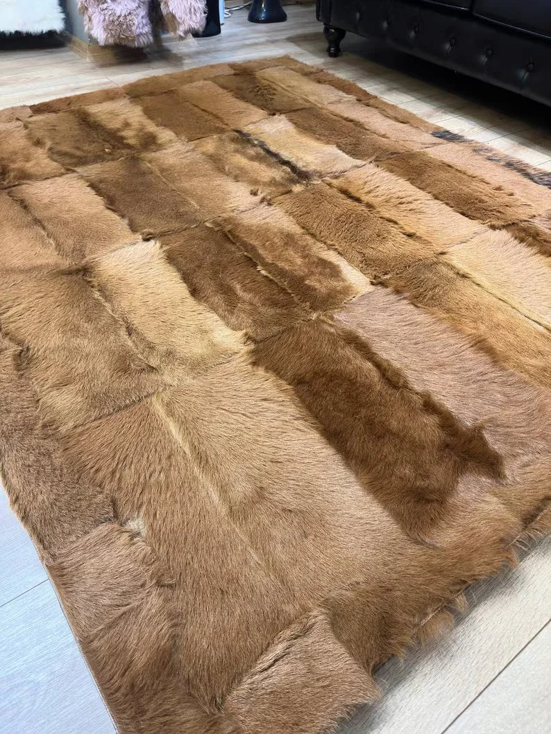 Brown Natural Goatskin Patchwork 8x11 Rug, Handamde Hair on Leather Area Rug