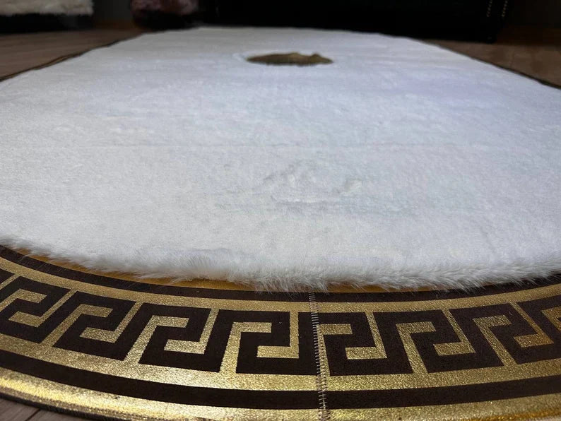 Elegant White Oval Faux Fur Rug with Gold Greek Key Pattern, Handamde Elegance