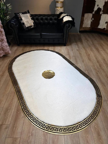 Elegant White Oval Faux Fur Rug with Gold Greek Key Pattern, Handamde Elegance