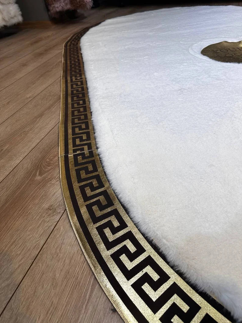 Elegant White Oval Faux Fur Rug with Gold Greek Key Pattern, Handamde Elegance