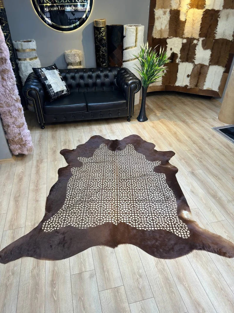 Special Laser Embroidered Calfskin Rug, Brown Natural Cow Hide Decor Rug