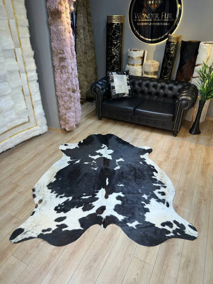 Black White Natural Cow Skin Decor Rug, Cow Hide Genuine Leather Rug