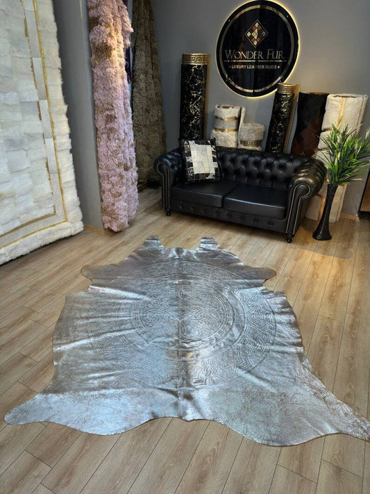 Silver Cowskin Decor Rug with Laser Pattern, Modern Design Natural Rug