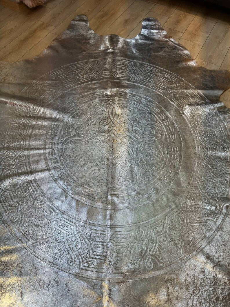 Silver Cowskin Decor Rug with Laser Pattern, Modern Design Natural Rug