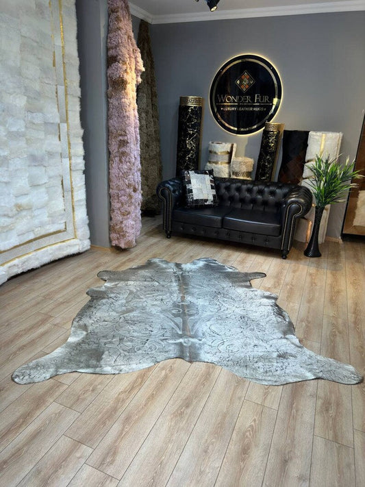 Silver Genuine Cowskin Lazer Pattern Rug, Special Calfskin Decor Rug