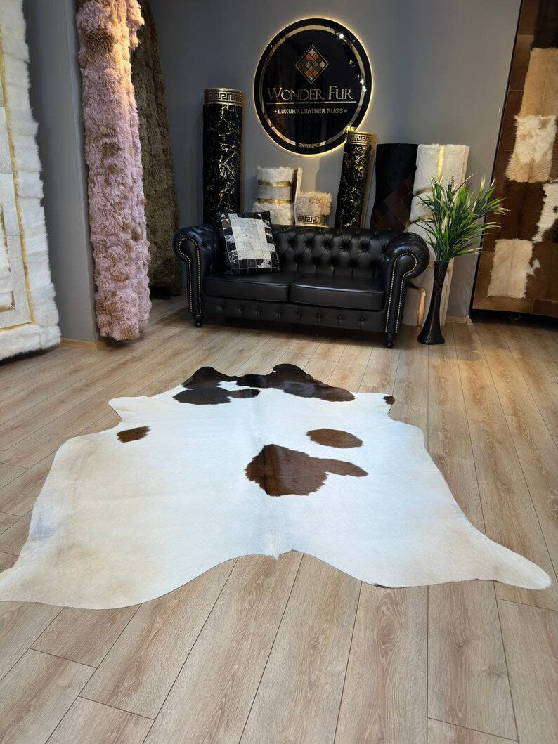 Speckled White Brown Calfskin Rug, Genuine Leather Cowskin Decor Rug