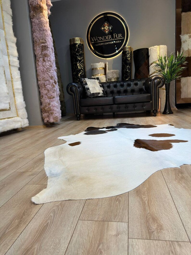 Speckled White Brown Calfskin Rug, Genuine Leather Cowskin Decor Rug