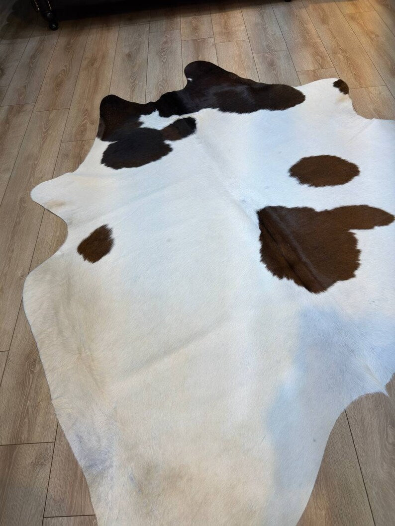 Speckled White Brown Calfskin Rug, Genuine Leather Cowskin Decor Rug