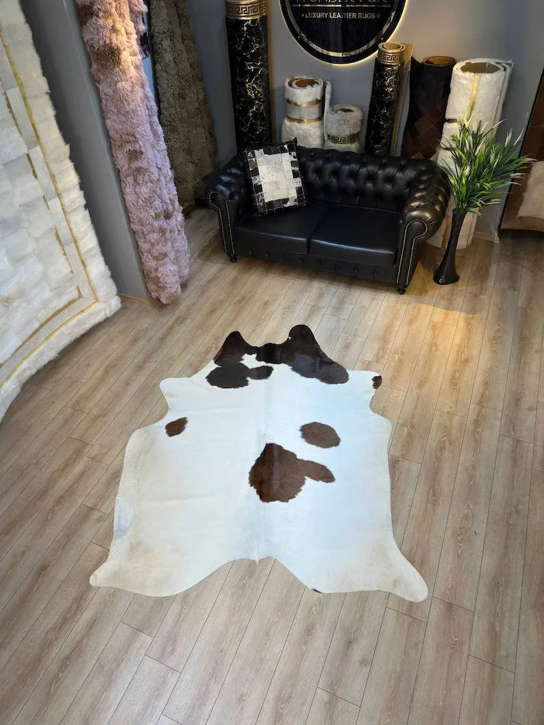 Speckled White Brown Calfskin Rug, Genuine Leather Cowskin Decor Rug