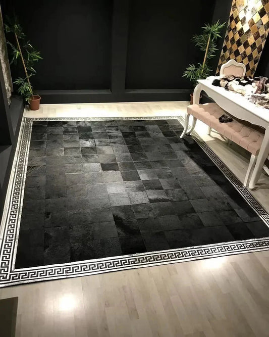 Black and Silver Greek Key Pattern 100% Natural Handmade Cowhide Area Rug, Luxury Cow Skin Carpet - Wonder fur rug Rug Wonder Fur Rug Wonder fur rug