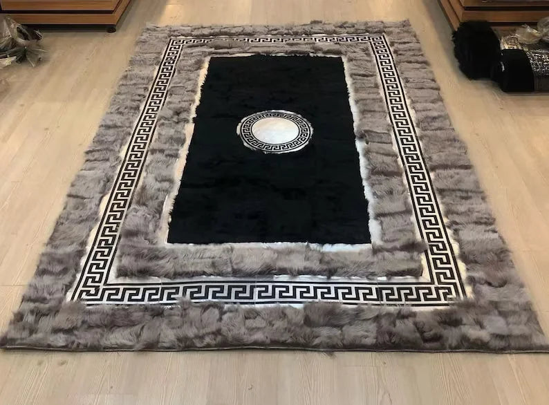 Black Gray Modern Ultra Soft Natural Sheepskin Rug, Fluffy Shaggy Handmade Rug